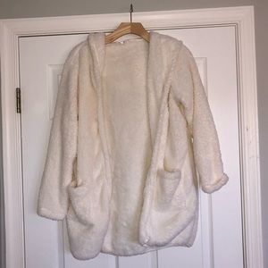 White Fuzzy Bear Coat With Hood and Pockets